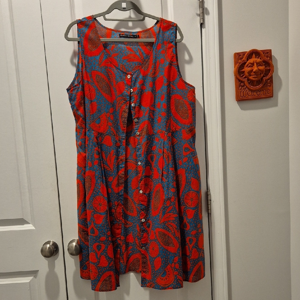 GUDRUN SJODEN Sleeveless Red and Blue Patterned Dress/Vest